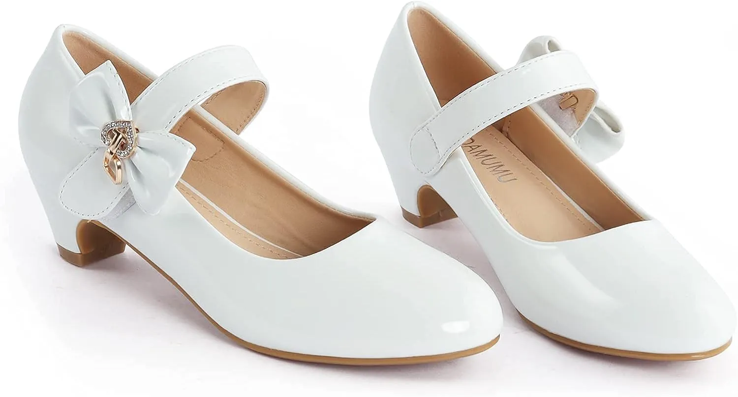 ADAMUMU Girls Low Heel Shoes PU Dress Shoes for Wedding(Little Big Kids)