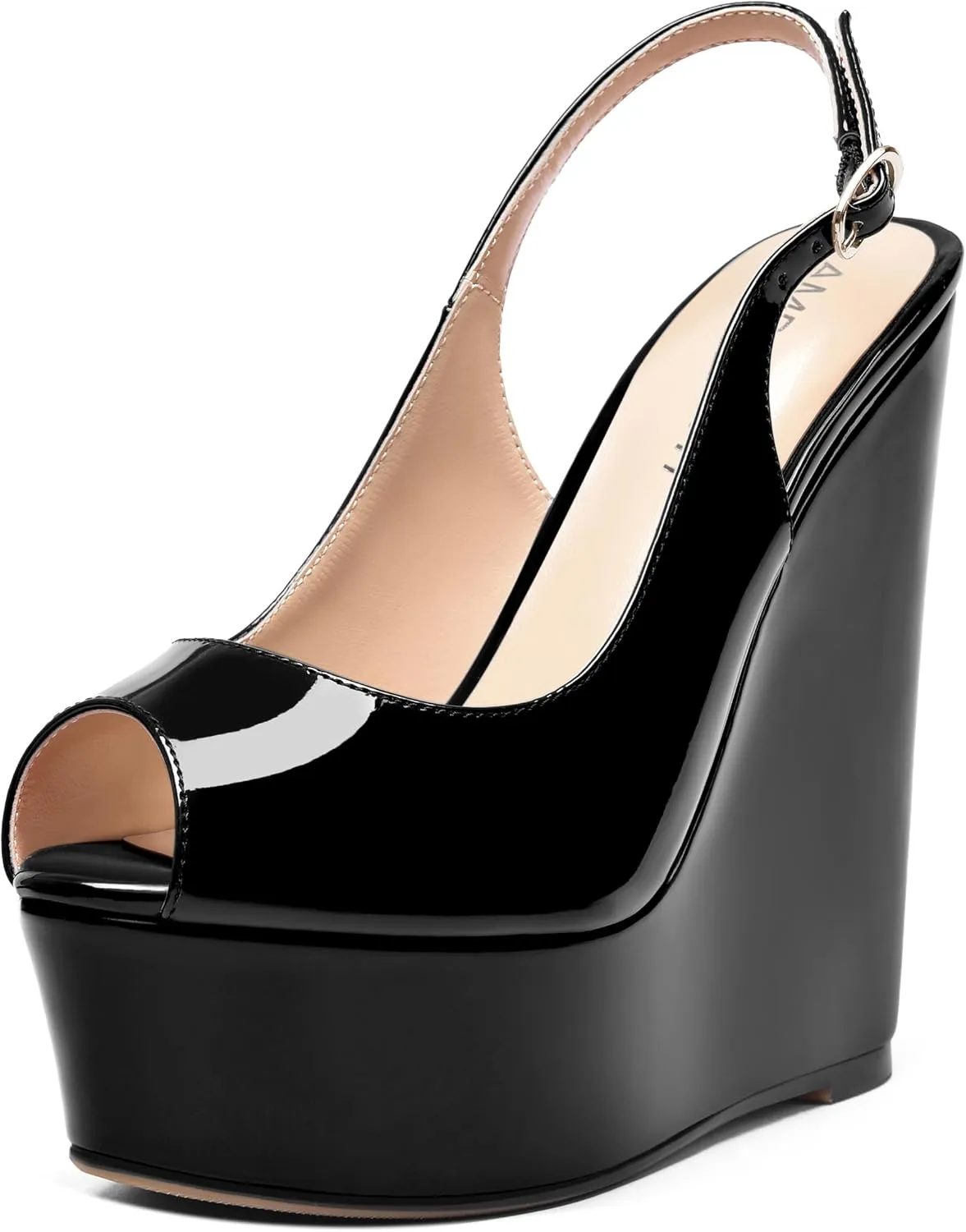 AMBELIGHT Womens Patent Buckle Cute Platform Adjustable Strap Peep Toe Party Wedge High Heel Pumps Shoes 6 Inch
