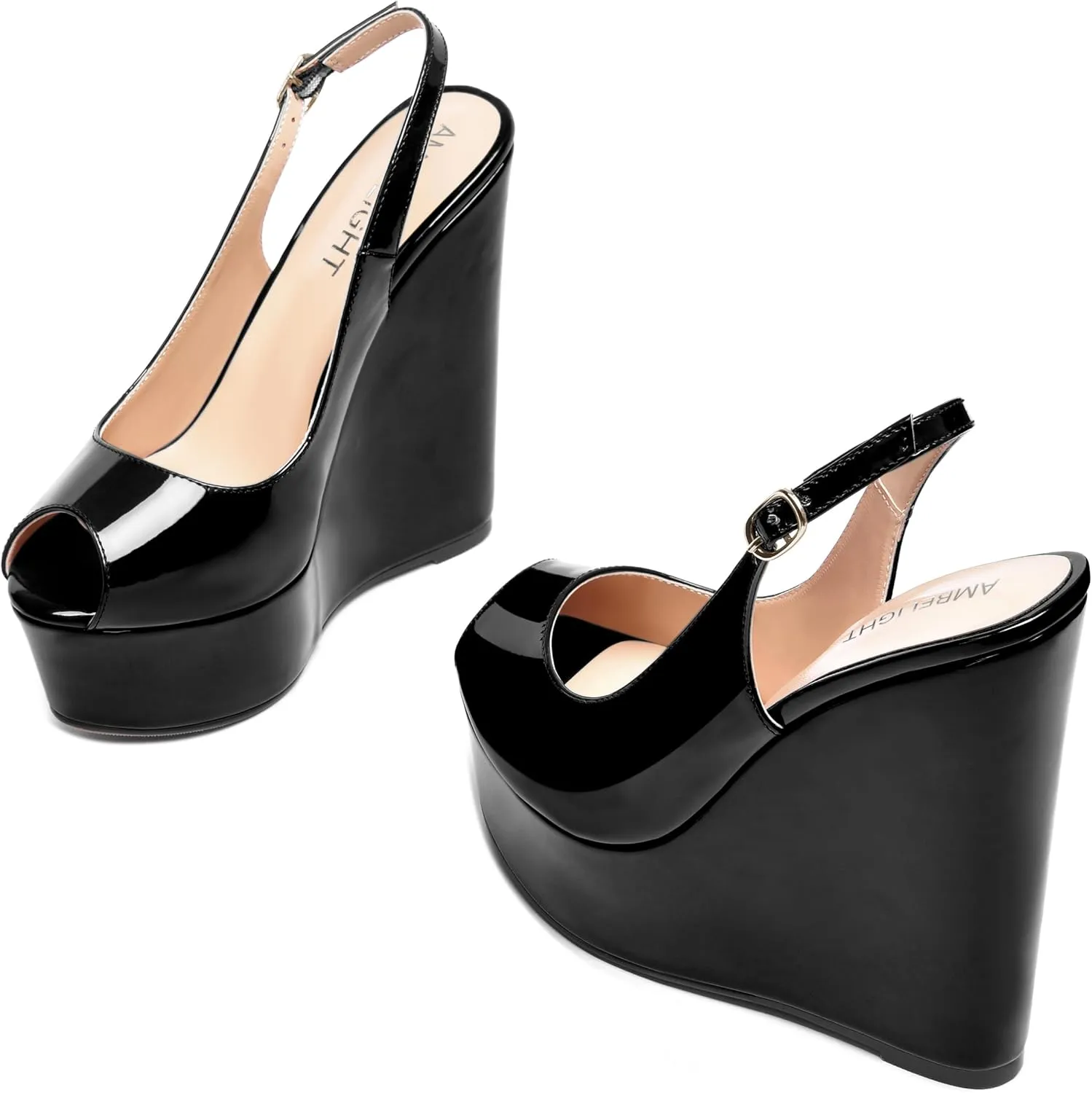 AMBELIGHT Womens Patent Buckle Cute Platform Adjustable Strap Peep Toe Party Wedge High Heel Pumps Shoes 6 Inch