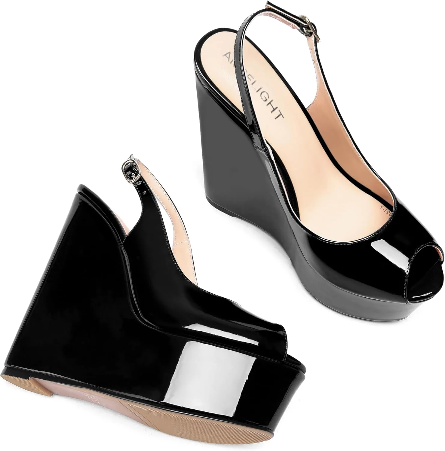 AMBELIGHT Womens Patent Buckle Cute Platform Adjustable Strap Peep Toe Party Wedge High Heel Pumps Shoes 6 Inch