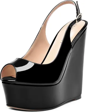 AMBELIGHT Womens Patent Buckle Cute Platform Adjustable Strap Peep Toe Party Wedge High Heel Pumps Shoes 6 Inch