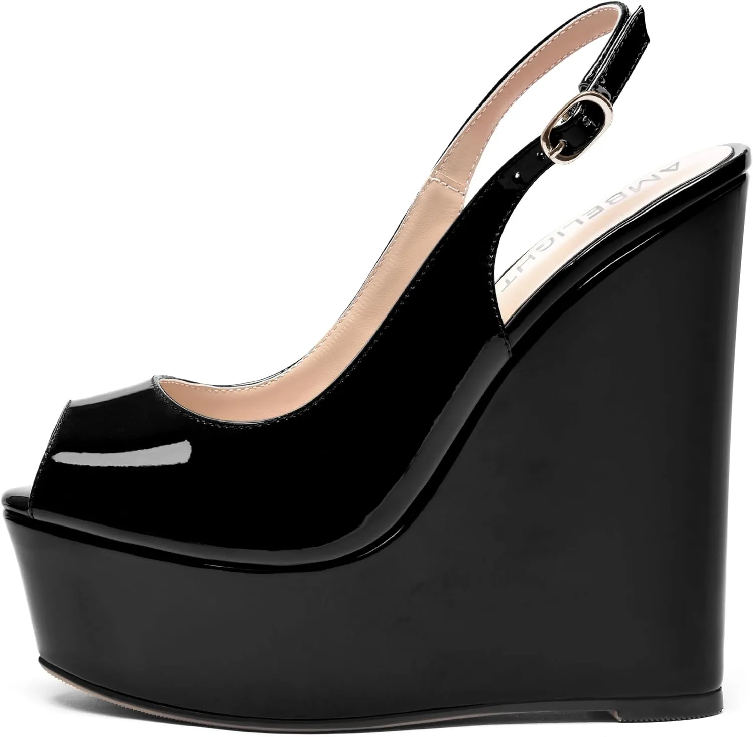 AMBELIGHT Womens Patent Buckle Cute Platform Adjustable Strap Peep Toe Party Wedge High Heel Pumps Shoes 6 Inch