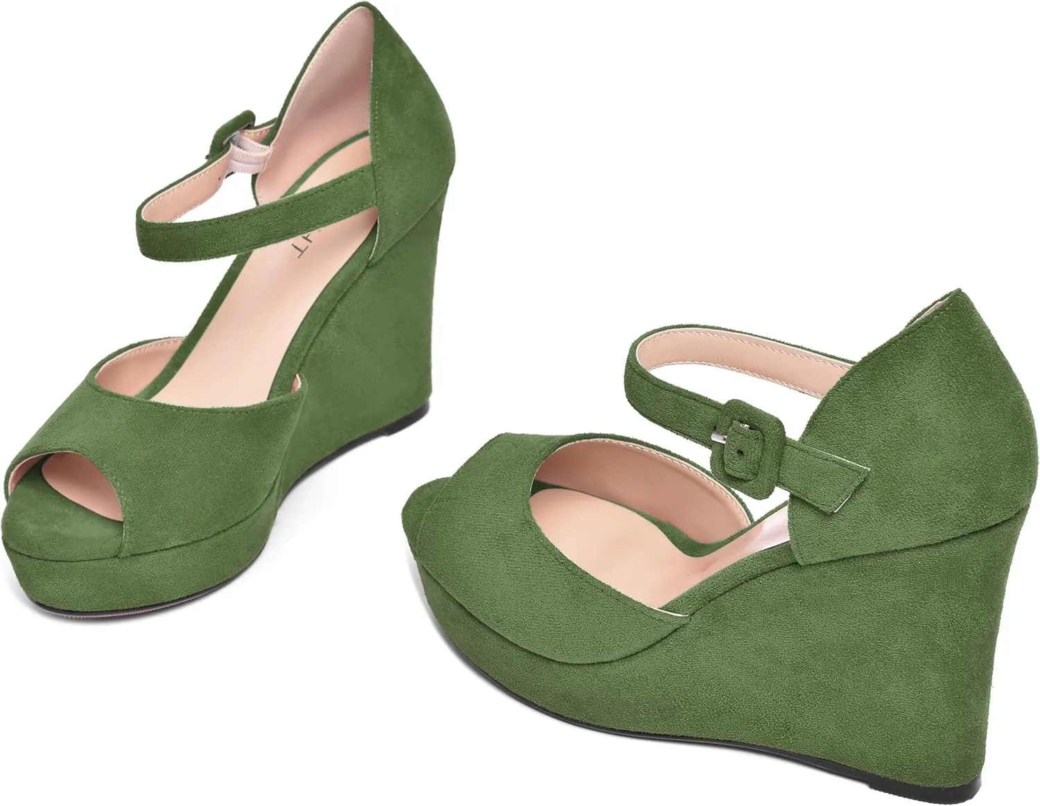 AMBELIGHT Womens Peep Toe Fashion Buckle Office Suede Ankle Strap Solid Wedge High Heel Pumps Shoes 4 Inch