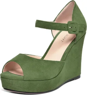 AMBELIGHT Womens Peep Toe Fashion Buckle Office Suede Ankle Strap Solid Wedge High Heel Pumps Shoes 4 Inch