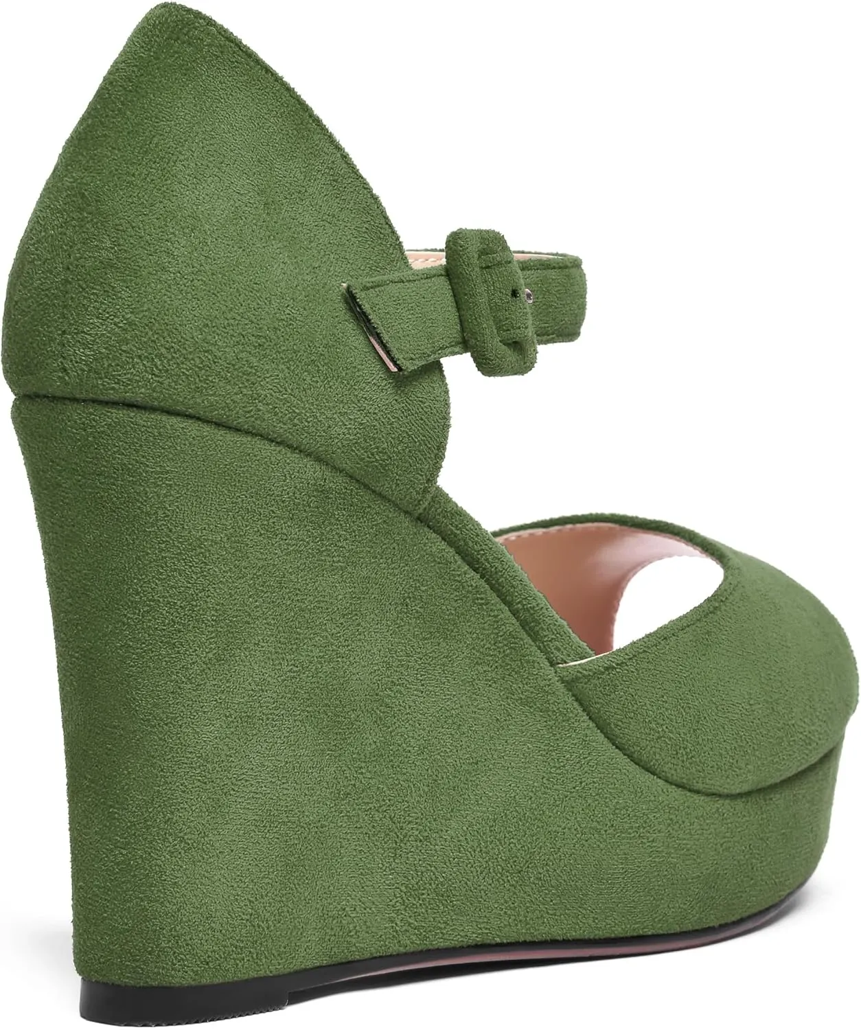 AMBELIGHT Womens Peep Toe Fashion Buckle Office Suede Ankle Strap Solid Wedge High Heel Pumps Shoes 4 Inch