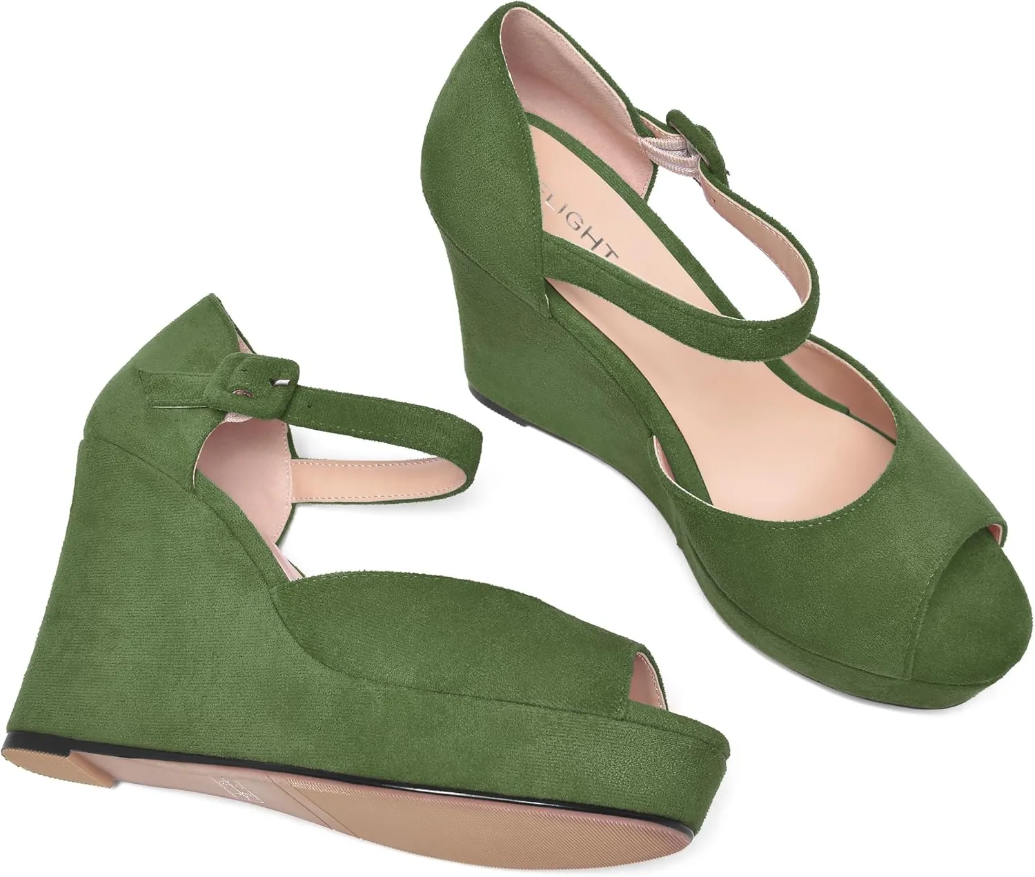 AMBELIGHT Womens Peep Toe Fashion Buckle Office Suede Ankle Strap Solid Wedge High Heel Pumps Shoes 4 Inch