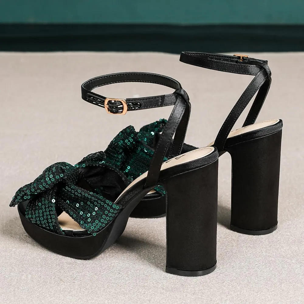 Amoji Women's 4 Inch Block Sequin Platform Heels Bowknot Ankle Strap Heeled Sandal Wedding F4304