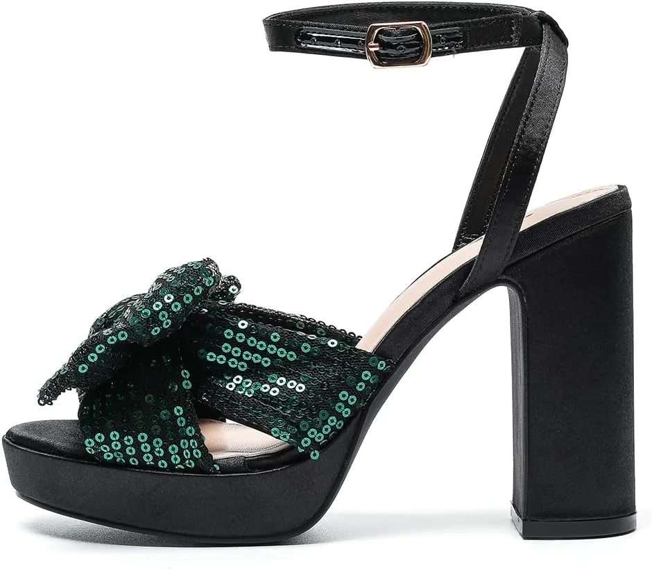 Amoji Women's 4 Inch Block Sequin Platform Heels Bowknot Ankle Strap Heeled Sandal Wedding F4304