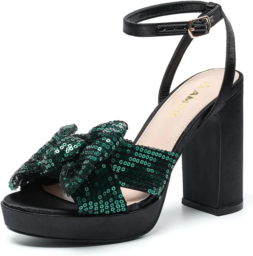 Amoji Women's 4 Inch Block Sequin Platform Heels Bowknot Ankle Strap Heeled Sandal Wedding F4304