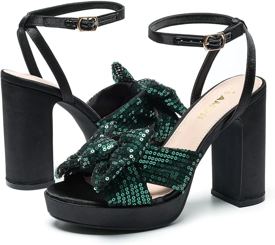 Amoji Women's 4 Inch Block Sequin Platform Heels Bowknot Ankle Strap Heeled Sandal Wedding F4304