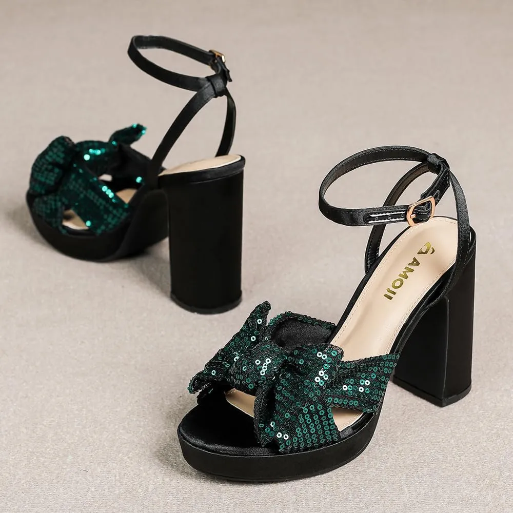 Amoji Women's 4 Inch Block Sequin Platform Heels Bowknot Ankle Strap Heeled Sandal Wedding F4304