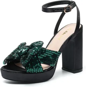 Amoji Women's 4 Inch Block Sequin Platform Heels Bowknot Ankle Strap Heeled Sandal Wedding F4304
