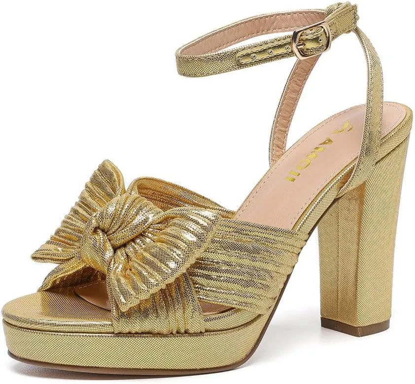Amoji Women's Chunky Platform Heels 4'' Bowknot Heeled Sandal Wedding With Ankle Strap 302F4