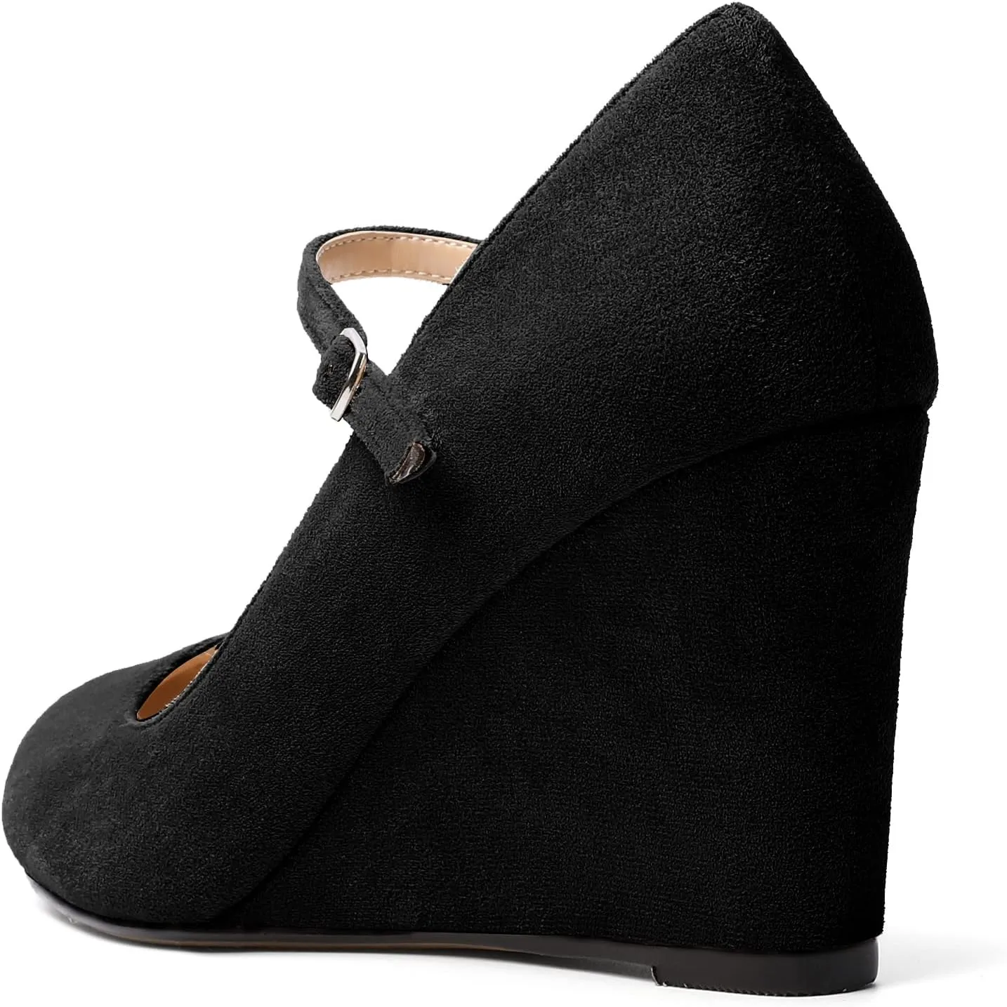 AUMOTED Women Wedge Round Toe Pumps High Heels Mary Jane Ankle Strap with Adjustable Buckle Wedding Party Dress Shoes 3.4 Inches