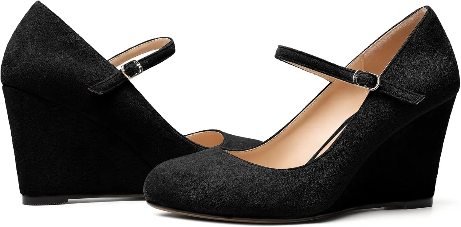 AUMOTED Women Wedge Round Toe Pumps High Heels Mary Jane Ankle Strap with Adjustable Buckle Wedding Party Dress Shoes 3.4 Inches