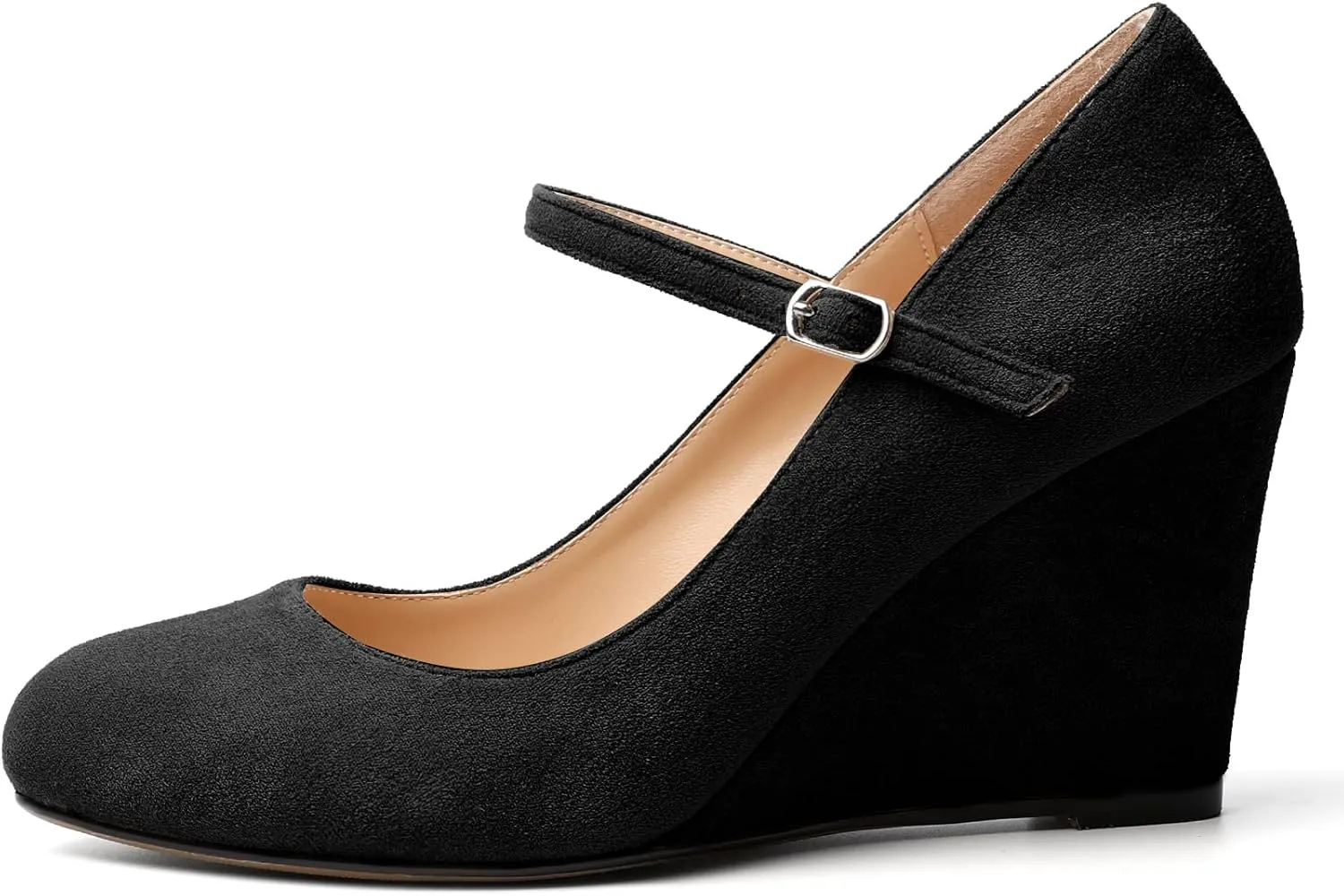 AUMOTED Women Wedge Round Toe Pumps High Heels Mary Jane Ankle Strap with Adjustable Buckle Wedding Party Dress Shoes 3.4 Inches
