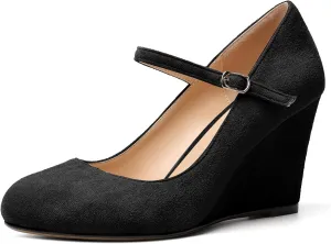 AUMOTED Women Wedge Round Toe Pumps High Heels Mary Jane Ankle Strap with Adjustable Buckle Wedding Party Dress Shoes 3.4 Inches
