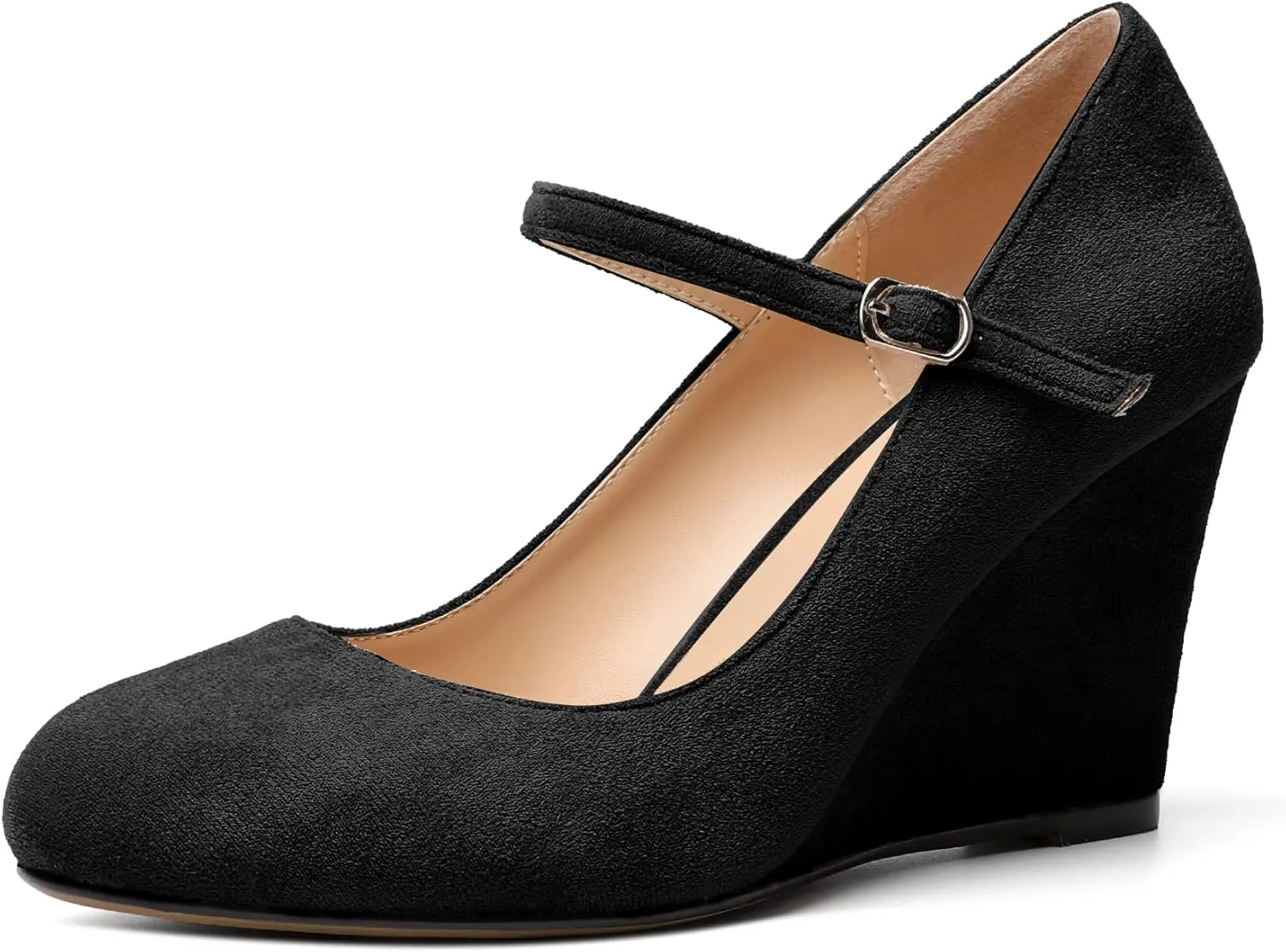 AUMOTED Women Wedge Round Toe Pumps High Heels Mary Jane Ankle Strap with Adjustable Buckle Wedding Party Dress Shoes 3.4 Inches