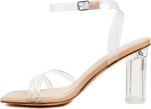 Clear Block Heels for Women Square Open Toe Ankle Strap High Chunky Heels Transparent Strappy Heeled Sandals Dress Party Shoes Heels