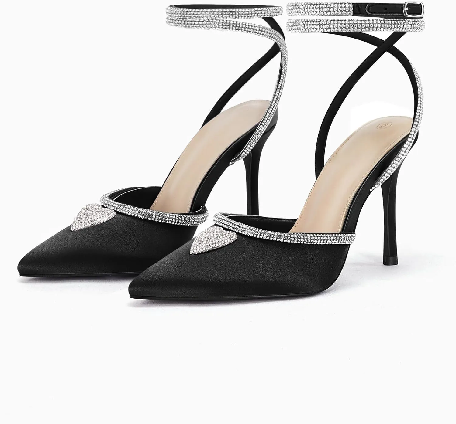 Coutgo Women's Rhinestone Heels Pointed Toe Lace Up Stilettos Ankle Buckle Strap Dress Party Wedding Pump Shoes