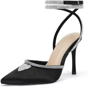 Coutgo Women's Rhinestone Heels Pointed Toe Lace Up Stilettos Ankle Buckle Strap Dress Party Wedding Pump Shoes