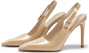 Coutgo Women's Slingback High Heels Pointed Toe Stilettos Metal Buckle Dress Party Pump Shoes