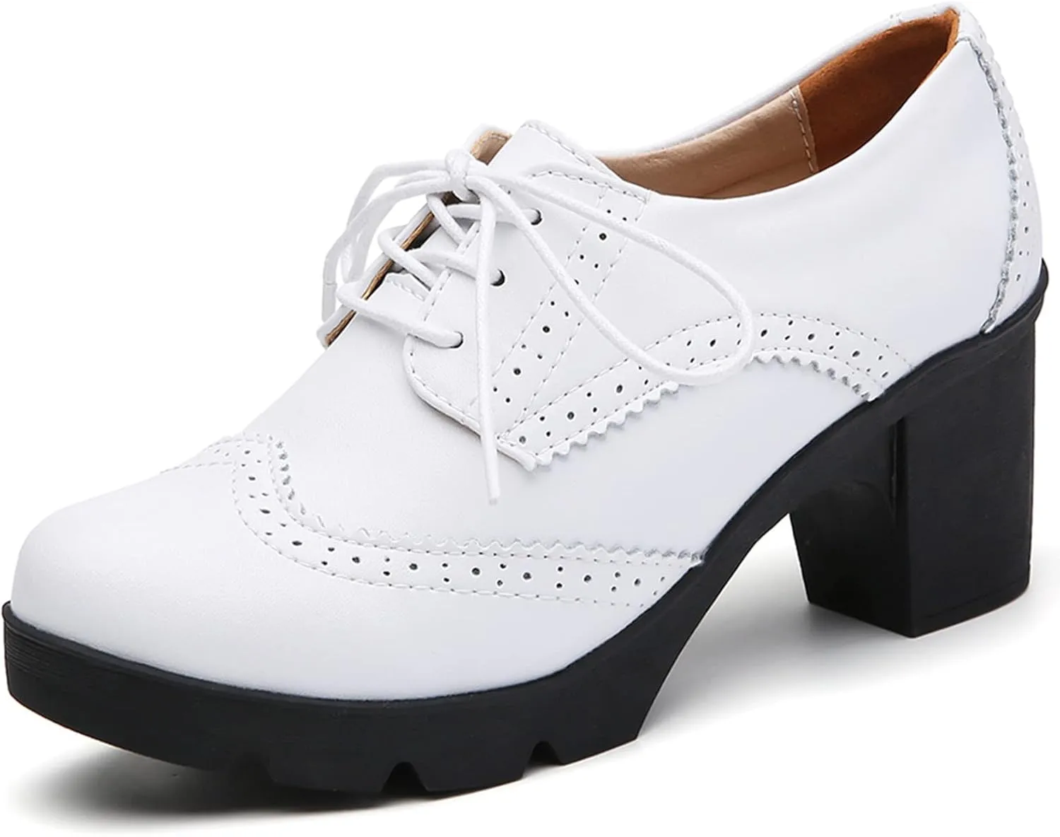 DADAWEN Women's Leather Classic Lace Up Platform Chunky Mid-Heel Square Toe Oxfords Dress Pump Shoes