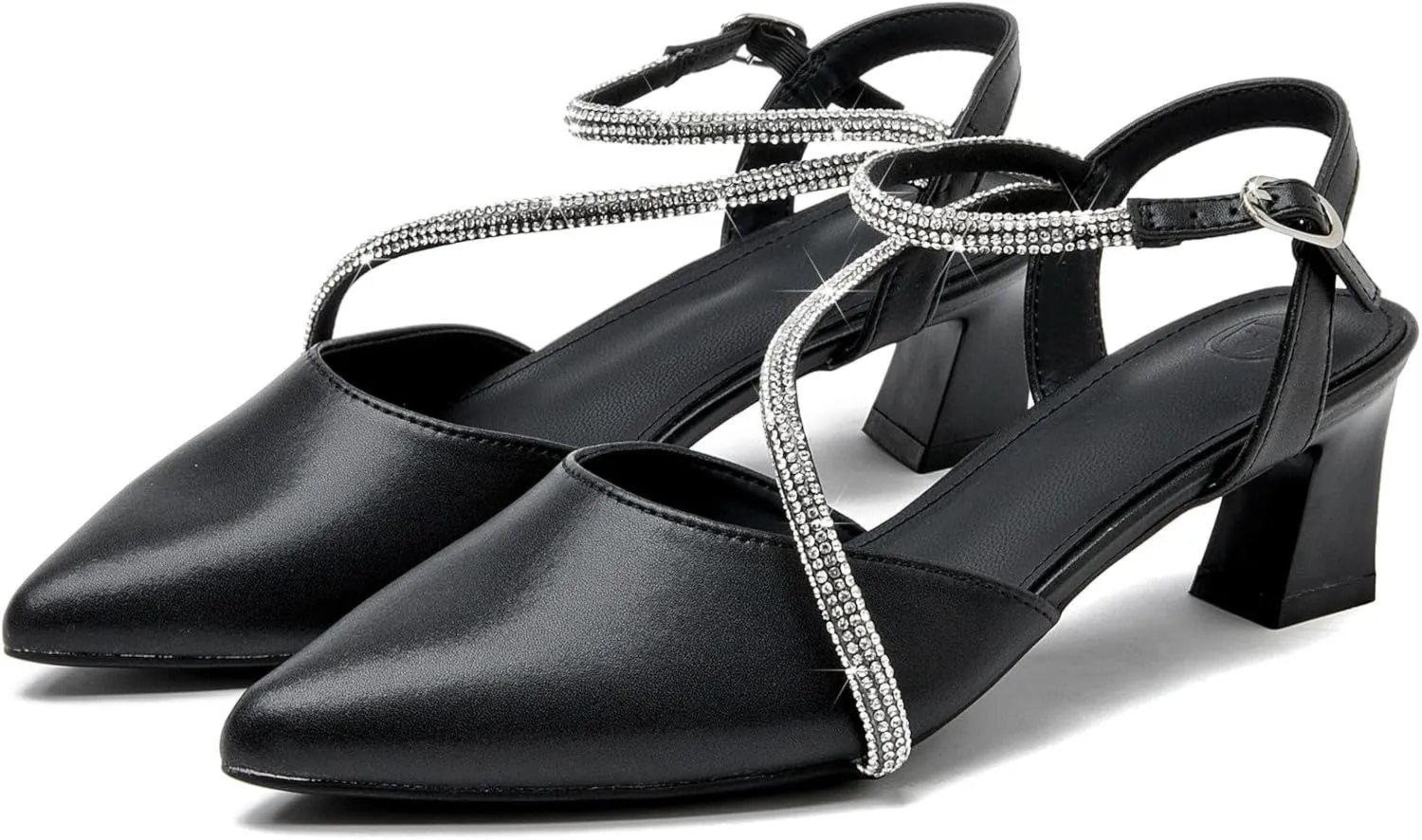 DADAWEN Women's Slingback Low Chunky Heels Closed Pointed Toe Rhinestone Ankle Strap Wedding Party Dress Pump Shoes