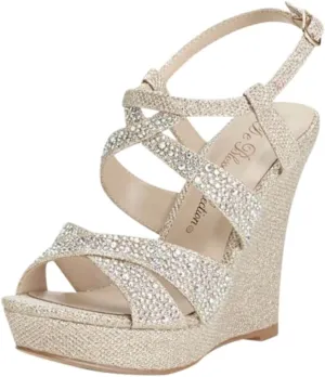 David's Bridal High Heel Wedge Sandal with Crystal Embellishment Style BALLE8, Nude Metallic, 9