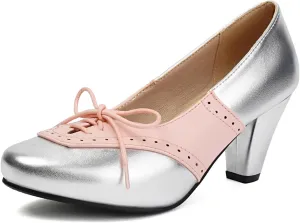 Elerhythm Women's Mary Jane 1920s Pump Heels Two Tones Classic and Retro Lace Up Wingtip 1950s Vintage Round Closed Toe 1940s Shoes