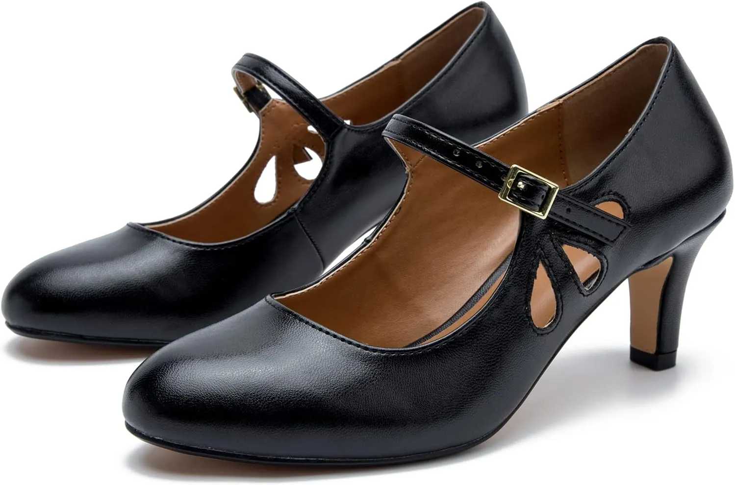 fereshte Women's Men's Mary Jane Hollow Out Round Toe Mid Kitten Heel Pumps Shoes