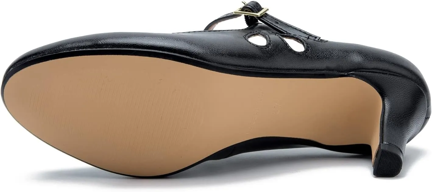 fereshte Women's Men's Mary Jane Hollow Out Round Toe Mid Kitten Heel Pumps Shoes