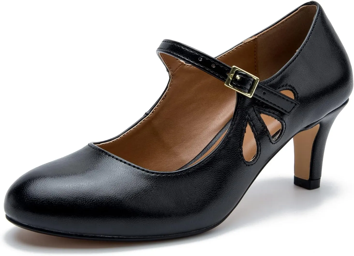 fereshte Women's Men's Mary Jane Hollow Out Round Toe Mid Kitten Heel Pumps Shoes