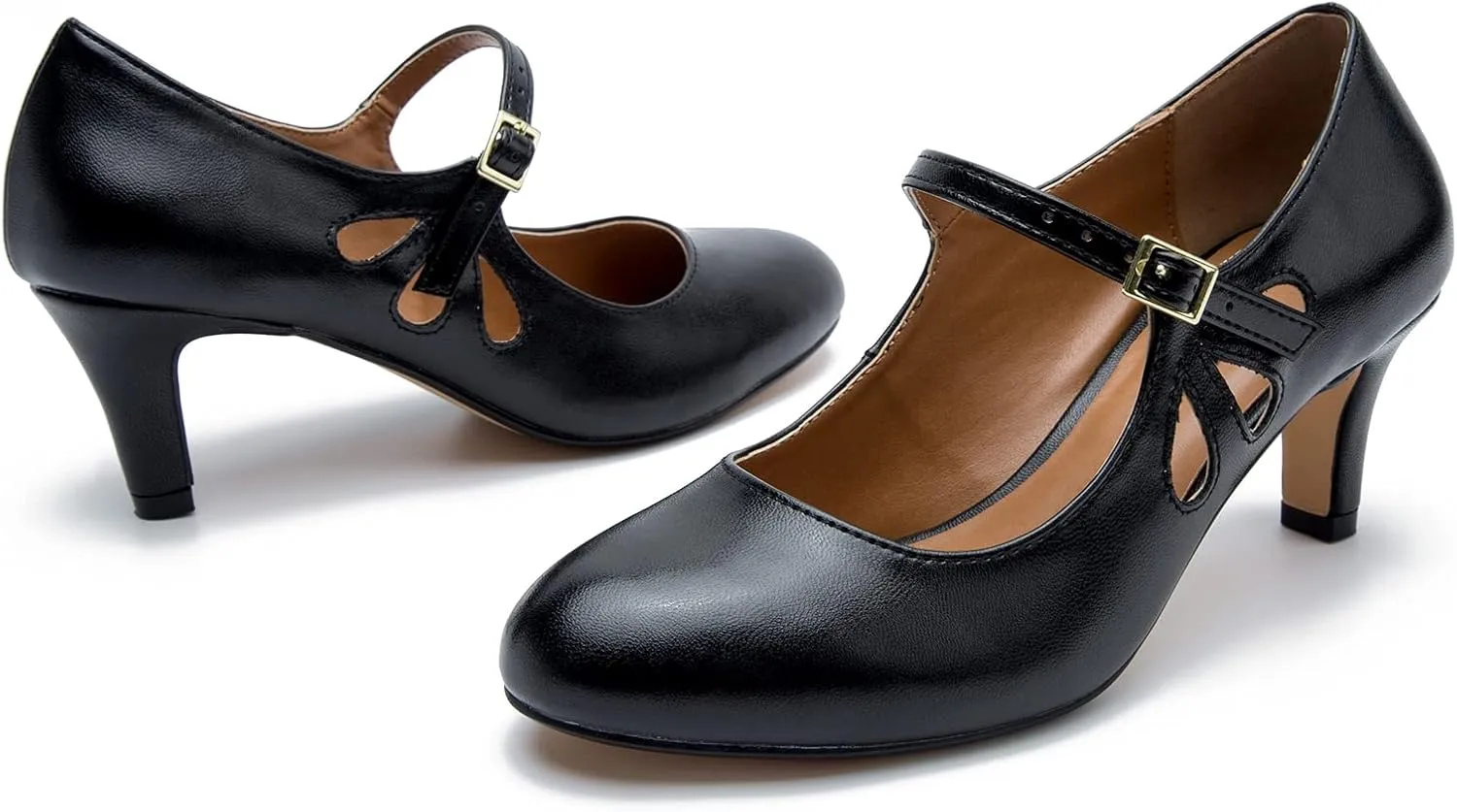 fereshte Women's Men's Mary Jane Hollow Out Round Toe Mid Kitten Heel Pumps Shoes