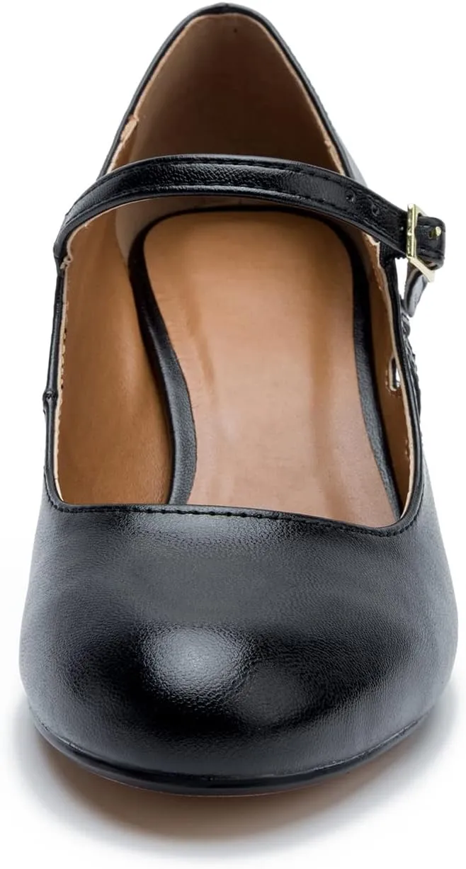 fereshte Women's Men's Mary Jane Hollow Out Round Toe Mid Kitten Heel Pumps Shoes