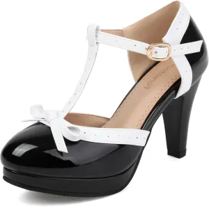 ForeMode Bow Mary Jane Shoes High Heels Closed Round Toe Pumps Leather Summer Sweet Shoe