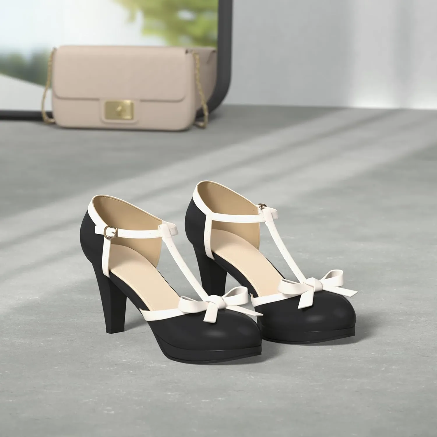 ForeMode Bow Mary Jane Shoes High Heels Closed Round Toe Pumps Leather Summer Sweet Shoe