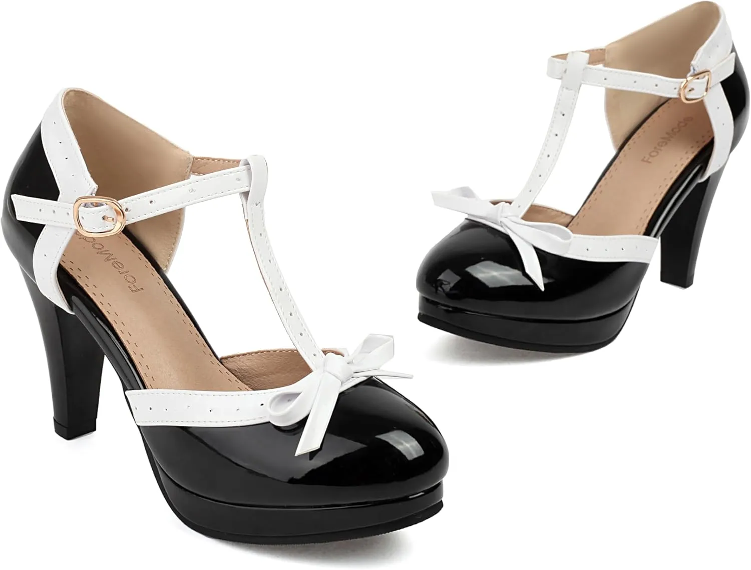 ForeMode Bow Mary Jane Shoes High Heels Closed Round Toe Pumps Leather Summer Sweet Shoe