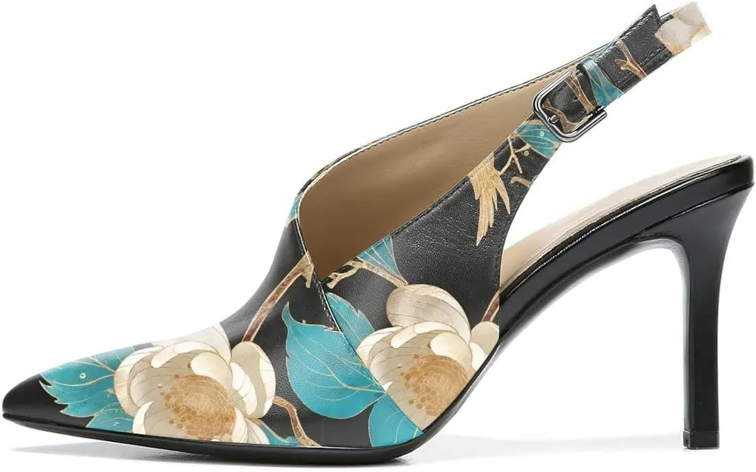 FOWT Spring Two Toned Patchwork Snakeskin Slingback Buckle Strap Black Pumps for Woman Elegant Pointed Toe 3 Inches High Heels Concise Casual Daily Dressy Shoes, US Size 4-16 M