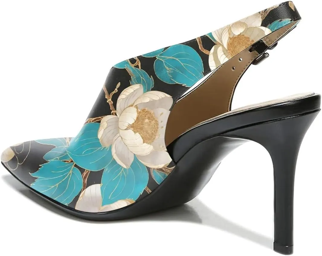 FOWT Spring Two Toned Patchwork Snakeskin Slingback Buckle Strap Black Pumps for Woman Elegant Pointed Toe 3 Inches High Heels Concise Casual Daily Dressy Shoes, US Size 4-16 M