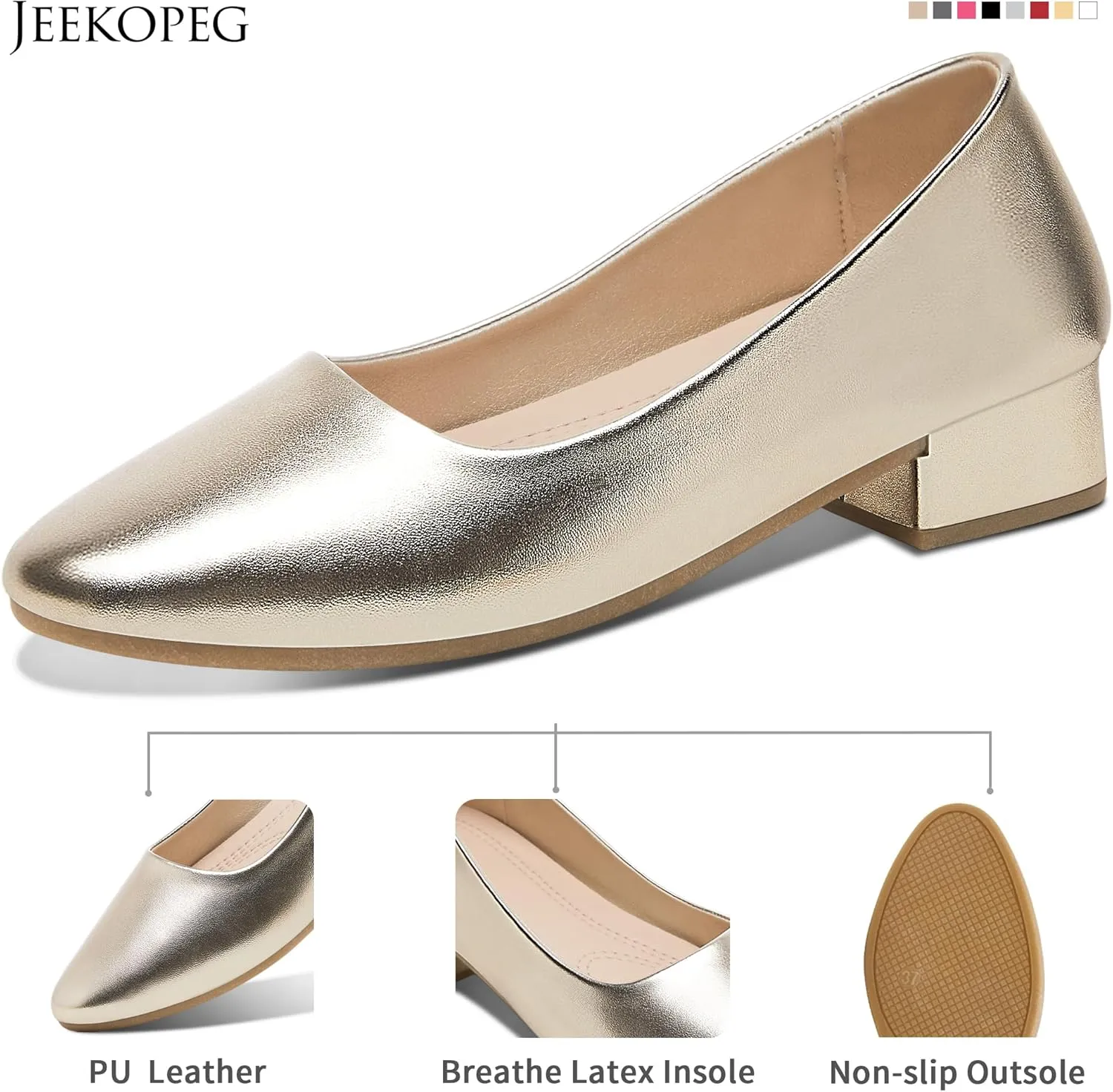 Jeekopeg Low Chunky Pumps Women's Round Toe Heels PU Leather Chunky Pump Shoes Classic Closed Toe Pumps Low Heel Dress Shoes for Women