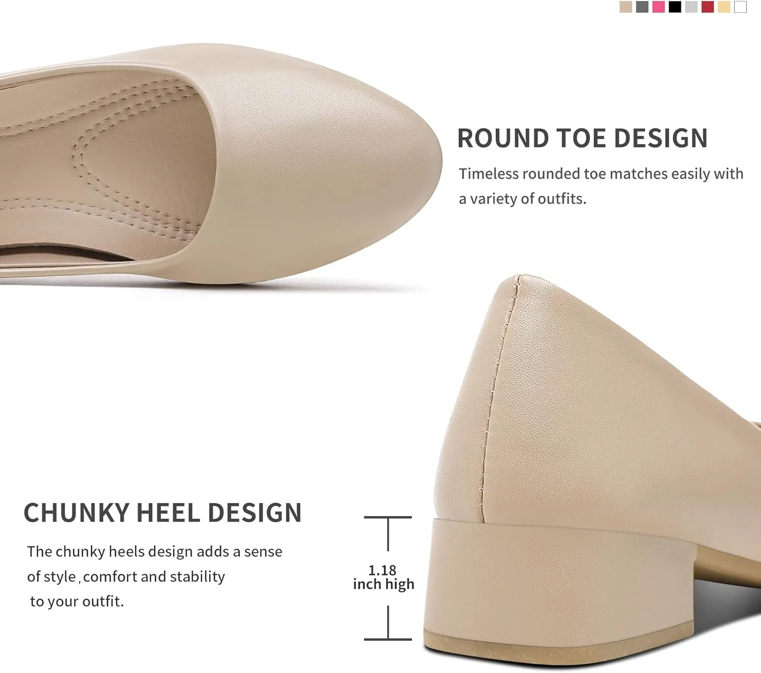 Jeekopeg Low Chunky Pumps Women's Round Toe Heels PU Leather Chunky Pump Shoes Classic Closed Toe Pumps Low Heel Dress Shoes for Women