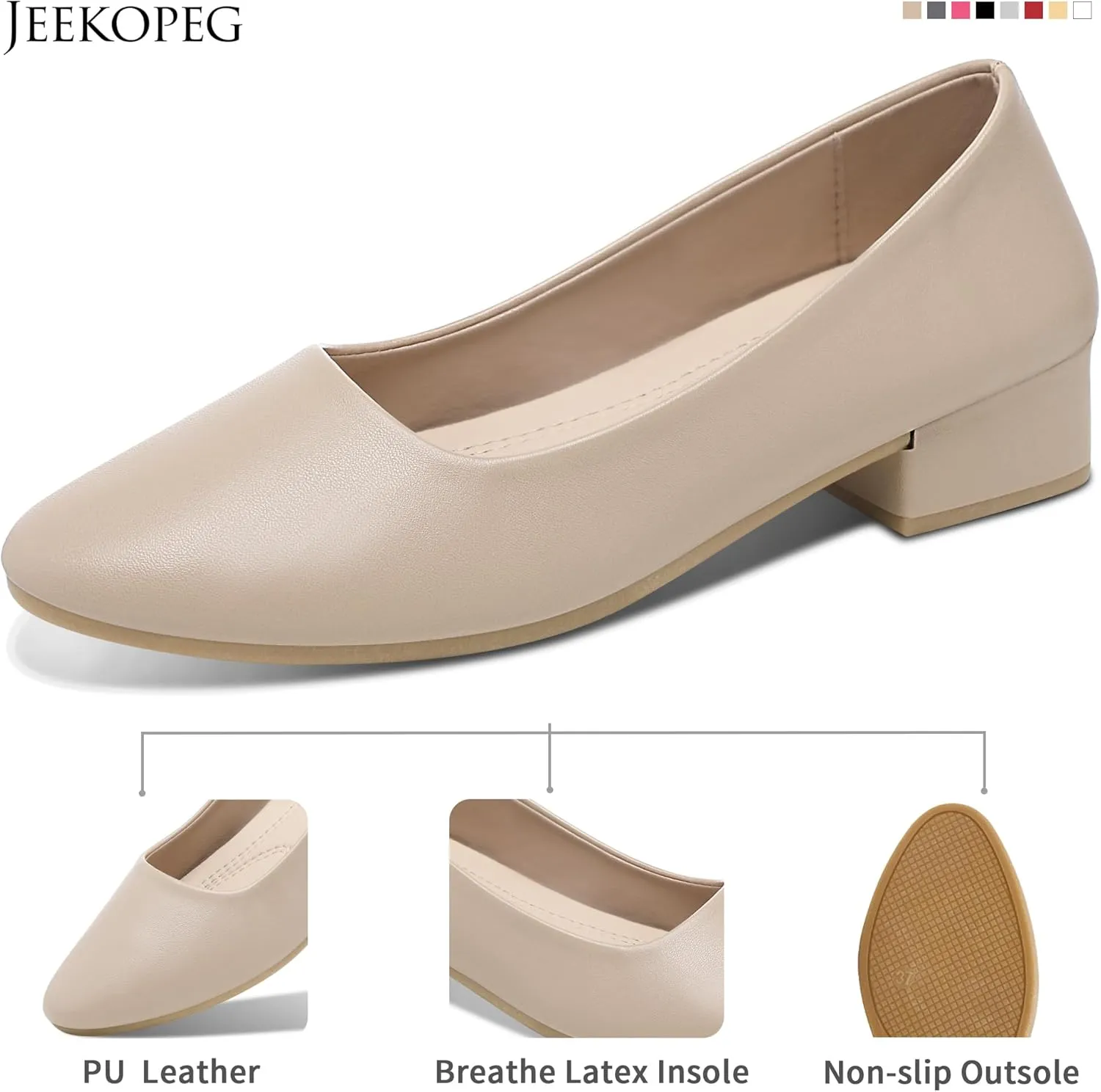 Jeekopeg Low Chunky Pumps Women's Round Toe Heels PU Leather Chunky Pump Shoes Classic Closed Toe Pumps Low Heel Dress Shoes for Women
