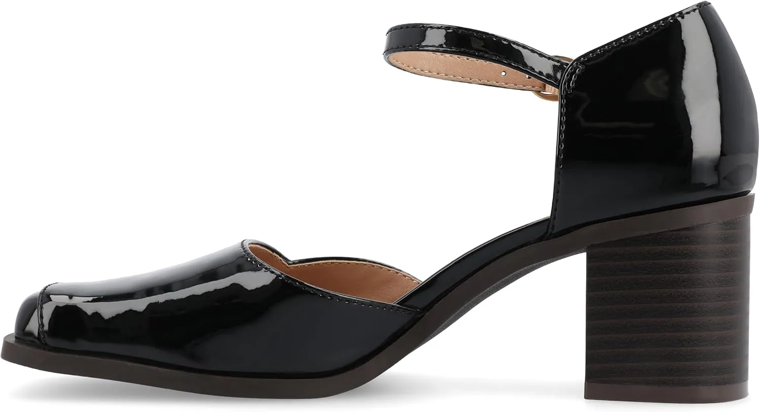 Journee Collection Womens Buckle Strap Open Square Toe Chunky Stacked Block Heel Evangeline Comfort Foam Pumps