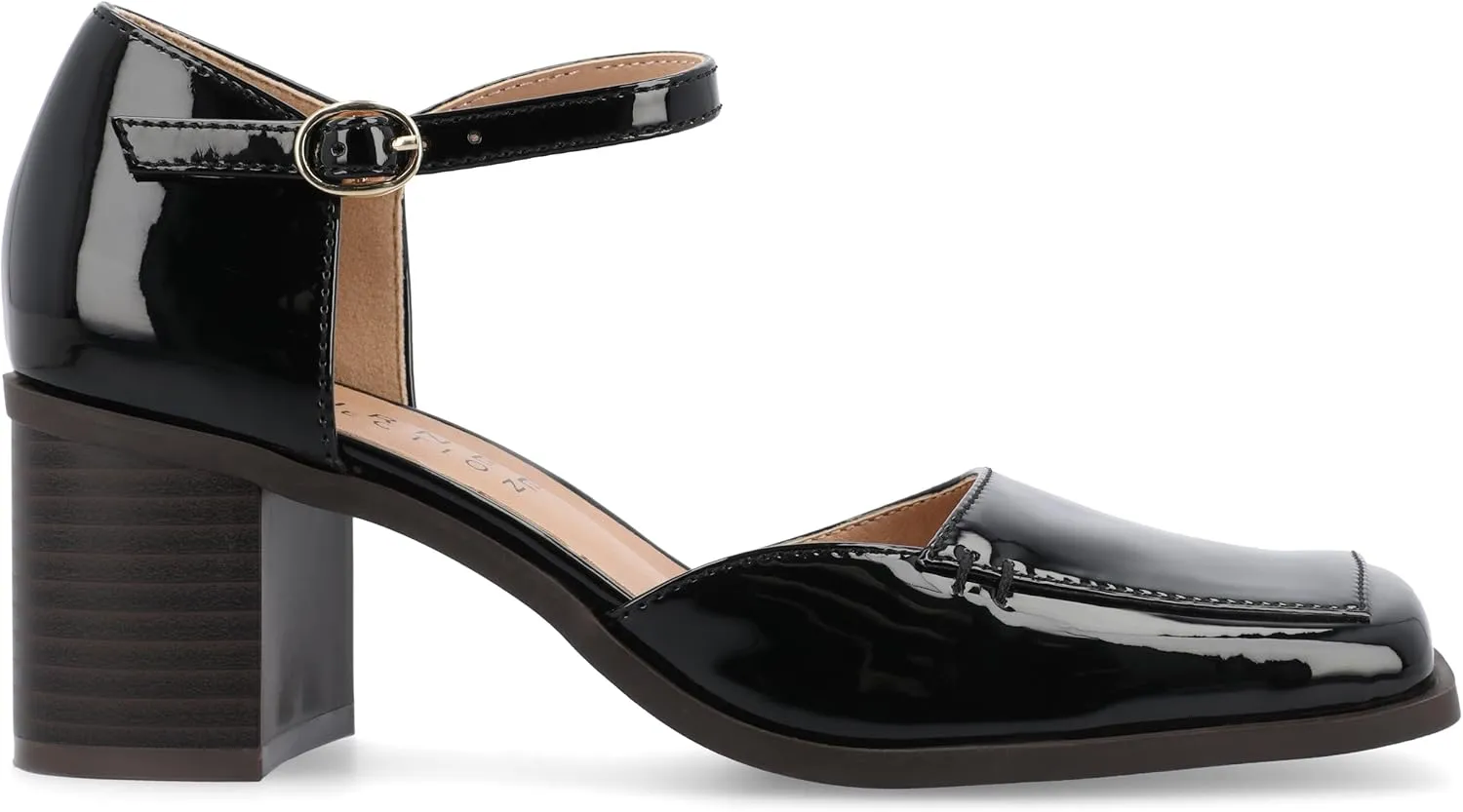 Journee Collection Womens Buckle Strap Open Square Toe Chunky Stacked Block Heel Evangeline Comfort Foam Pumps