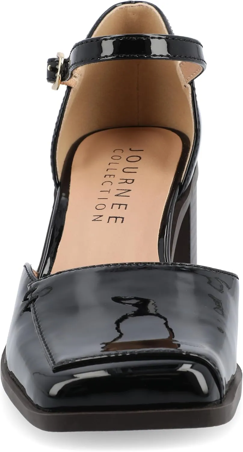 Journee Collection Womens Buckle Strap Open Square Toe Chunky Stacked Block Heel Evangeline Comfort Foam Pumps