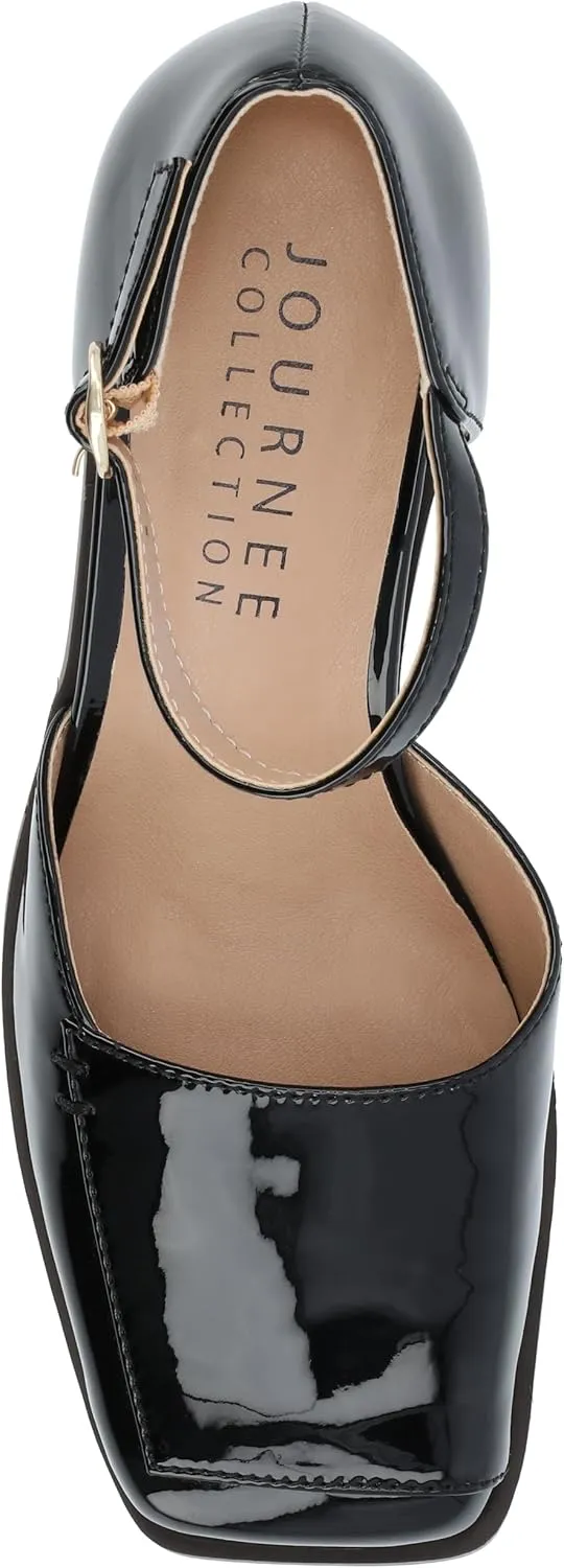 Journee Collection Womens Buckle Strap Open Square Toe Chunky Stacked Block Heel Evangeline Comfort Foam Pumps