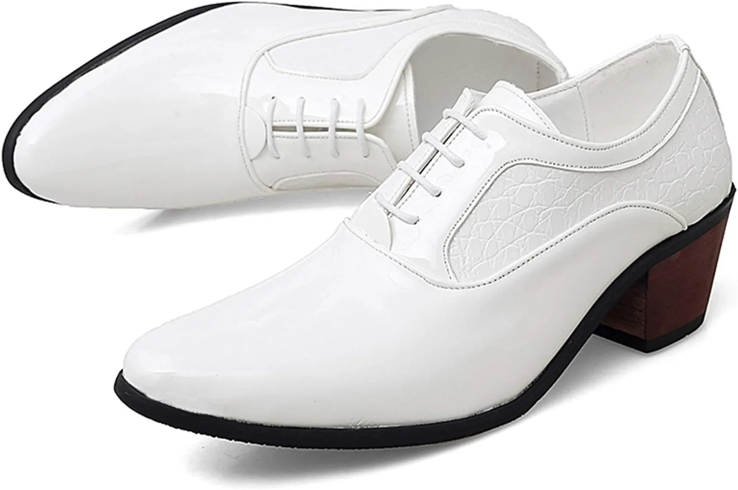 Men's Derby Oxfords Elevator Shoes Plain Smooth Block Heeled High Heels Patent Lace-up Anti Slip Crocodile Embossed Synthetic Leather Rubber Sole