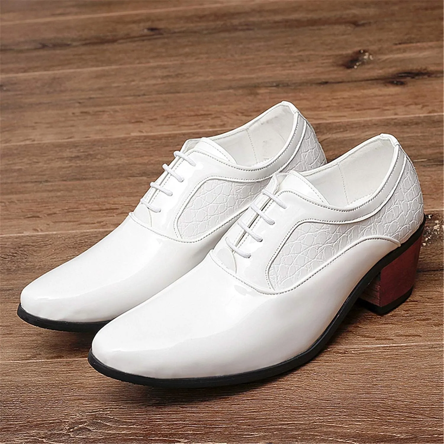 Men's Derby Oxfords Elevator Shoes Plain Smooth Block Heeled High Heels Patent Lace-up Anti Slip Crocodile Embossed Synthetic Leather Rubber Sole