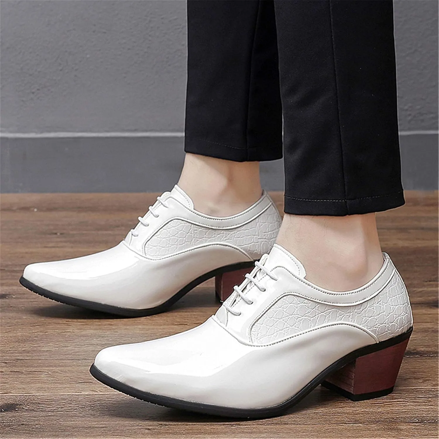 Men's Derby Oxfords Elevator Shoes Plain Smooth Block Heeled High Heels Patent Lace-up Anti Slip Crocodile Embossed Synthetic Leather Rubber Sole
